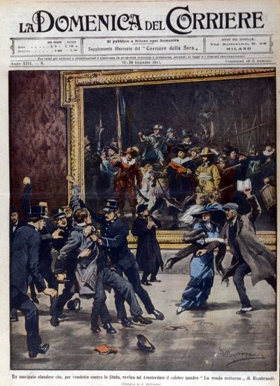 حاول بحار هولندي سابق نهب اللوحة الشهيرة لرامبرانت فان راين (1606-1669) ، "The Night Round". غلاف "" La Domenica del corriere "" ، مريض. دي بلترام ، 01/1911. بواسطة أخيل بيلترام