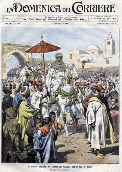 Abd al-Aziz (al-Hasan Mohamed al-Hasani al-Alaoui) entered Rabat in Morocco in October 1907 (Marrakesh بواسطة أخيل بيلترام