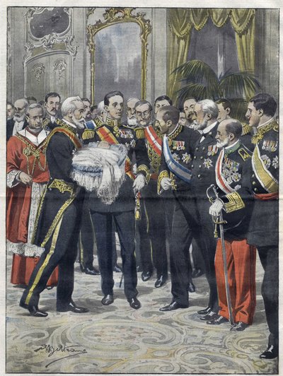 ألفونسو الثالث عشر (1886-1941) ، ملك إسبانيا في حفل تقديم ابنه ألفونسو (1907-1938) ، كونت كوفادونجا ، أمير أستورياس. رسم من قبل أشيل بلترام. من 1907. بواسطة أخيل بيلترام