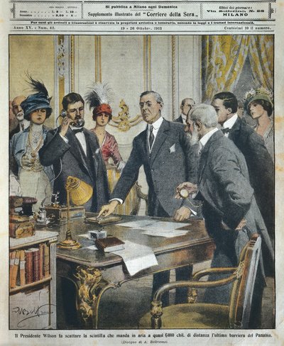 American President Woodrow Wilson sets off detonation telegraphically which demolished last barrier to Panama Canal 6000 kilometers away, by Achille Beltrame (1871-1945), from La Domenica del Corriere بواسطة أخيل بيلترام