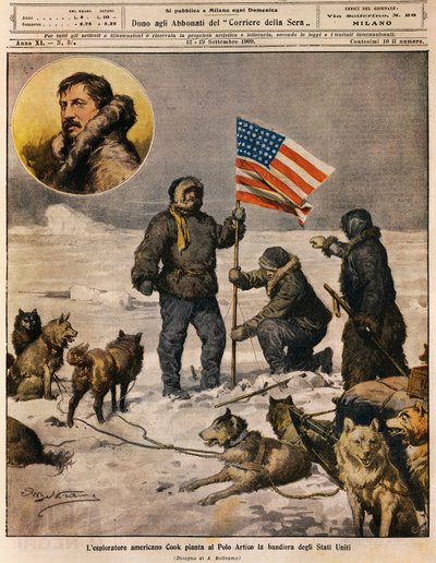 المستكشف الأمريكي كوك يزرع العلم الأمريكي في القطب الشمالي ، رسم توضيحي لأخيل بيلترام (1871-1945) ، من لا دومينيكا ديل كوريير ، 12 سبتمبر بواسطة أخيل بيلترام