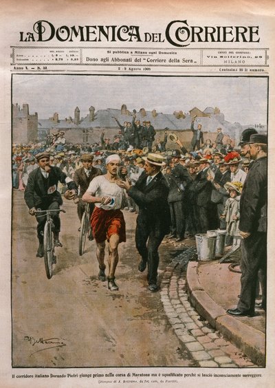 وصول دوراندو بيتري (1885-1942) في سباق الماراثون ، أولمبياد لندن ، رسم توضيحي لأخيل بلترام من لا دومينيكا ديل كوريير ، 2-9 أغسطس بواسطة أخيل بيلترام