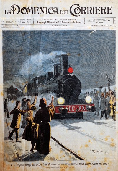 وصول القرن الجديد ، استقبال الناس في القرن الجديد بفرح ، رسم توضيحي لأخيل بيلترام (1871-1945) ، من لا دومينيكا ديل كوريير ، 6 يناير بواسطة أخيل بيلترام