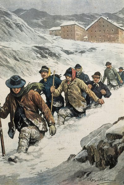 بلترام ، أخيل (1871-1945). عمال إيطاليون يعبرون ممر سانت برنارد بين أوستا وسويسرا. غلاف "" La Domenica del Corriere "". 02/14/1904. ليتوغرافيا. بواسطة أخيل بيلترام