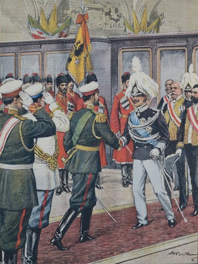 بلترام ، أخيل (1871-1945). فيكتور عمانويل الثالث (1869-1947). ملك إيطاليا (1900-1946) ؛ نيكولاس الثاني. قيصر روسيا (1894-1917). روسيا. يستقبل القيصر ملك إيطاليا فيكتوريو إيمانويل الثالث في بيترهوف. ألف رسم بيلترام. لا دومينيكا ديل سي بواسطة أخيل بيلترام