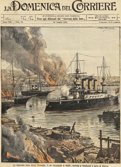 Battleship Potemkin bombarding Odessa, by Achille Beltrame, illustration, Illustrator Achille Beltrame (1871-1945), from La Domenica del Corriere بواسطة أخيل بيلترام