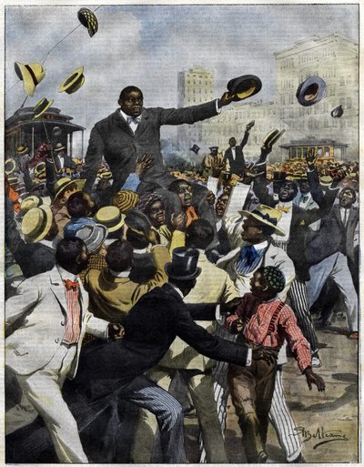 وصل بوكسر جاك جونسون إلى شيكاغو في عام 1910. رسم أخيل بيلترام لا دومينيكا ديل كوريير "". بواسطة أخيل بيلترام