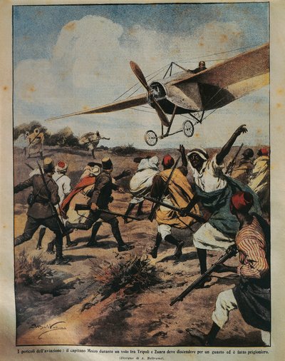 Cover illustration of Captain Moizo attempting a crash landing during the African Campaign, by Achille Beltrame (1871-1945), from La Domenica del Corriere, 22nd September 1912 بواسطة أخيل بيلترام