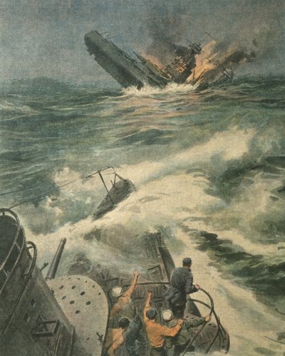 Cover illustration of Maryland class American battleship being sunk by Italian submarine Barbarigo in Atlantic Ocean, during World War II بواسطة أخيل بيلترام