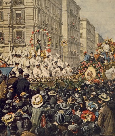Crowds during carnival in Naples, by Achille Beltrame, illustration, Illustrator Achille Beltrame (1871-1945), from La Domenica del Corriere, 31st January 1904 بواسطة أخيل بيلترام