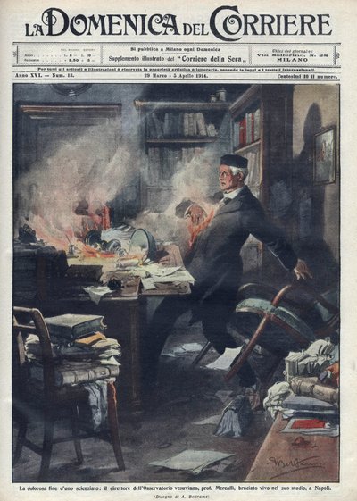 توفي في مختبره في نابولي من قبل جوزيبي ميركالي (1850-1914) ، عالم الزلازل وعالم البراكين الإيطالي. رسم توضيحي بواسطة أخيل بلترامي لـ "لا دومينيكا ديل كورييري" "". 1914. بواسطة أخيل بيلترام