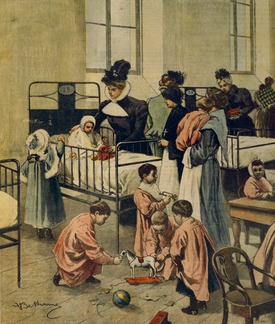 Distribution of Christmas gifts to poor children in hospital, by Achille Beltrame, illustration, Illustrator Achille Beltrame (1871-1945), from La Domenica del Corriere, 23rd November 1900 بواسطة أخيل بيلترام