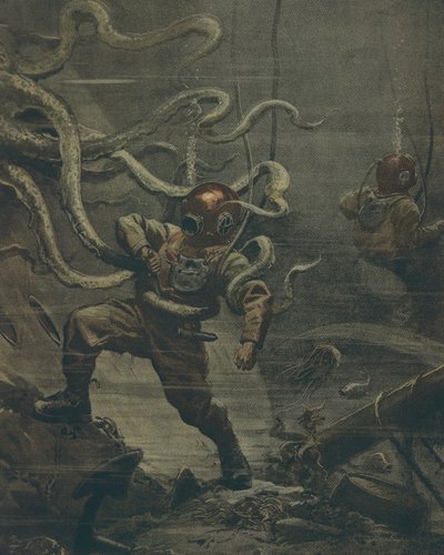 Diver being attacked by giant octopus during dive, by Achille Beltrame, illustration, Illustrator Achille Beltrame (1871-1945), from La Domenica del Corriere, 25th October 1908 بواسطة أخيل بيلترام