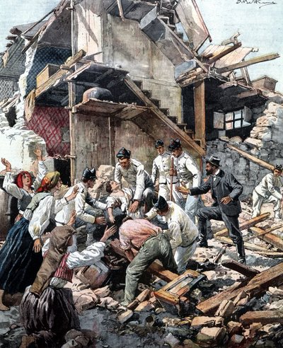 زلزال ريجيو (كالابريا) بتاريخ 28/12/1908. جنود يبحثون في الأنقاض عن ضحايا الزلزال. رسم توضيحي لـ Beltrame. بواسطة أخيل بيلترام