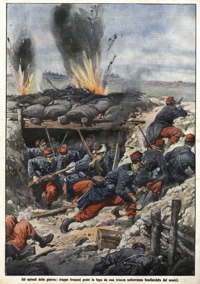 حلقة من حرب عام 1914: قصف الأعداء القوات الفرنسية في الخنادق. "La Domenica del Corriere" بواسطة أخيل بيلترام