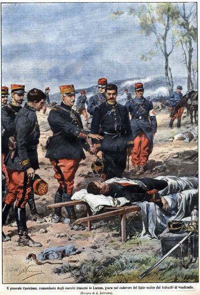 حلقة من حرب عام 1914: الجنرال نويل إدوارد دي كوريير دي كاستيلناو (1851-1944) ، قائد الجيش الفرنسي في لورين ، يقسم على جثة ابنه المتوفى للانتقام منه. رسم توضيحي لأخيل بلترام في "" La Domenica del Corriere "" بواسطة أخيل بيلترام