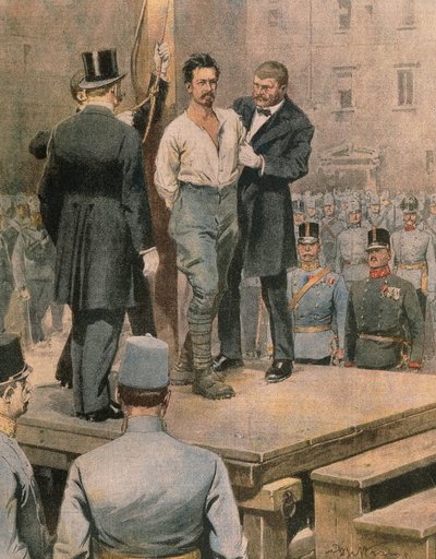 إعدام Cesare Battisti في ترينتو ، بواسطة Achille Beltrame ، رسم توضيحي ، الرسام Achille Beltrame (1871-1945) ، من La Domenica del Corriere ، يوليو 1916 بواسطة أخيل بيلترام