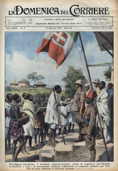 الفاشية 1937: اجتماعات في غامبيلا ، المركز التجاري للإمبراطورية الإثيوبية ، لرؤساء وشخصيات السكان الأصليين من أجل الانضمام إلى الحكومة الإيطالية. رسم توضيحي لأخيل بلترام في "" La domenica del corriere "" 17/01/19 بواسطة أخيل بيلترام
