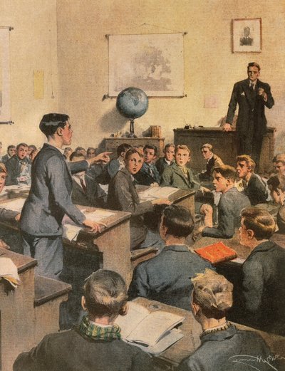Fighting illiteracy, children at school, by Achille Beltrame, illustration, Illustrator Achille Beltrame (1871-1945), from La Domenica del Corriere بواسطة أخيل بيلترام