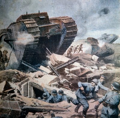 الحرب العالمية الأولى (1914-1918): "" هجوم الدبابات الإنجليزية في بيكاردي "" رسم توضيحي لإطار أخيل من لا دومينيكا ديل كوريير 1916 بواسطة أخيل بيلترام