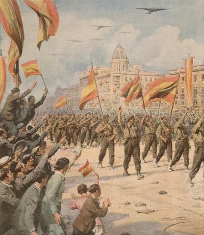 دخول فرانكو إسبانيا إلى مدريد مع أعلام النصر ، أشيل بلترام (1871-1945) من لا دومينيكا ديل كورييري 2 أبريل بواسطة أخيل بيلترام