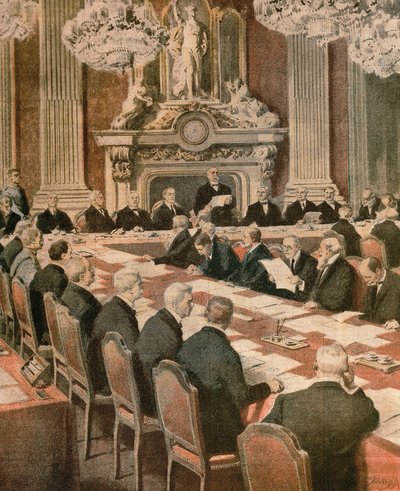 French President Georges Clemenceau speaking at Paris Peace Conference, by Achille Beltrame, illustration, Illustrator Achille Beltrame (1871-1945), from La Domenica del Corriere بواسطة أخيل بيلترام