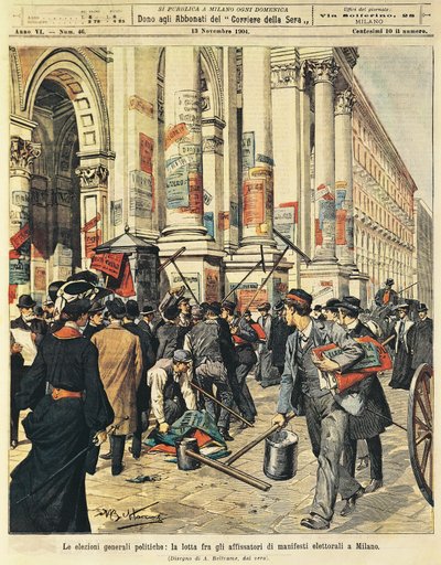 General elections in Milan: confrontations between people hanging political posters in Milan, by Achille Beltrame (1871-1945), from La Domenica del Corriere بواسطة أخيل بيلترام