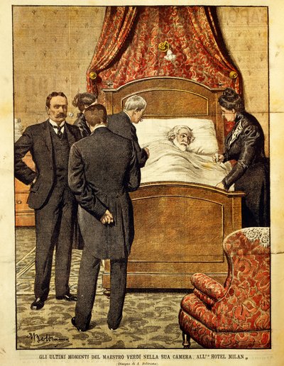 Giuseppe Verdi (1813-1901) dying, illustration by Achille Beltrame (1871-1945). Italy, 20th century. بواسطة أخيل بيلترام