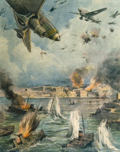 Great Axis air offensive over Malta, by Achille Beltrame, illustration, Illustrator Achille Beltrame (1871-1945), from La Domenica del Corriere, 25th January 1942 بواسطة أخيل بيلترام