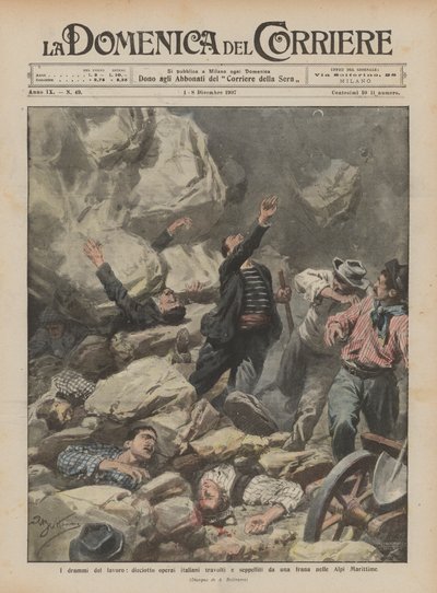 مآسي العمل ، عشرة عمال إيطاليين غمرهم ودفنهم انهيار أرضي في جبال الألب البحرية بواسطة Achille Beltrame