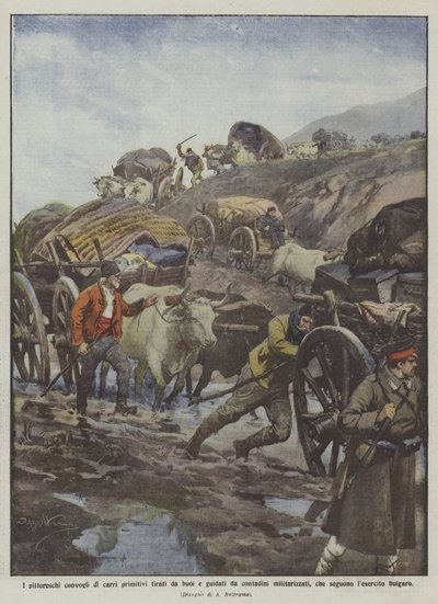 القوافل الخلابة للعربات البدائية التي يسحبها الثيران ويقودها الفلاحون العسكريون؟ بواسطة Achille Beltrame