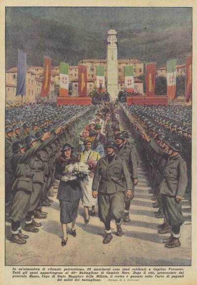 في جو من الوطنية النابضة بالحياة ، تم الاحتفال بـ 26 زفافًا في Caprino Veronese بواسطة Achille Beltrame