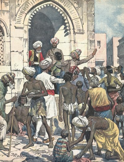 الهند. الجفاف يسبب الأوبئة. توزيع المواد الغذائية. يتضح من أنطونيو بيلترام. "La domenica del Corriere" ". 26 فبراير بواسطة أخيل بيلترام