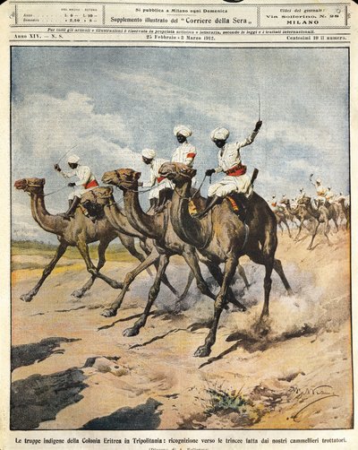 Indigenous troops from the Eritrean Colony in Tripolitania, illustrator Achille Beltrame (1871-1945), from La Domenica del Corriere, 25th February 1912 بواسطة أخيل بيلترام