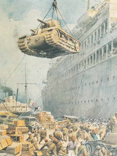 Italian convoy arriving at its destination in Libya, by Achille Beltrame, illustration, Illustrator Achille Beltrame (1871-1945), from La Domenica del Corriere بواسطة أخيل بيلترام