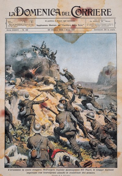 القوات الإيطالية تتقدم على الأراضي الإثيوبية ، رسم توضيحي من La Domenica del Corriere ، 20 أكتوبر بواسطة أخيل بيلترام