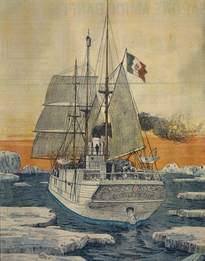 Journey to North Pole: Polar Star ship which carried Prince Luigi Amedeo of Savoy-Aosta, Duke of Abruzzi, to Bay of Teplitz on Rudolf-Island, by Achille Beltrame (1871-1945), from La Domenica del Corriere بواسطة أخيل بيلترام