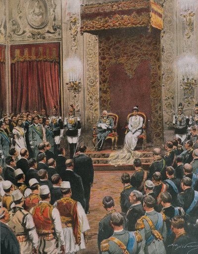 King of Italy, Vittorio Emanuele III of Savoy, being crowned King of Albanians, by Achille Beltrame, illustration, Illustrator Achille Beltrame (1871-1945), from La Domenica del Corriere بواسطة أخيل بيلترام