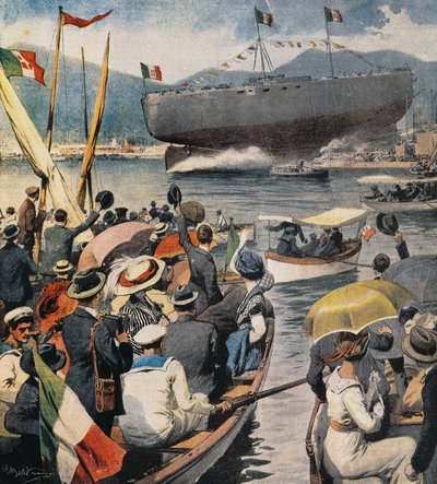 إطلاق البارجة أندريا دوريا من أرسنال في لا سبيتسيا ، لوحة من قبل أشيل بلترام (1871-1945) ، لا دومينيكا ديل كوريير ، 6 أبريل بواسطة أخيل بيلترام