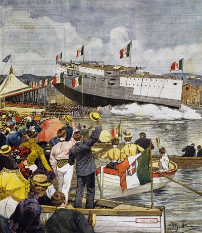 إطلاق البارجة ريجينا مارغريتا في لا سبيتسيا ، لوحة من قبل أخيل بيلترام (1871-1945) ، لا دومينيكا ديل كوريير ، 9 يونيو بواسطة أخيل بيلترام
