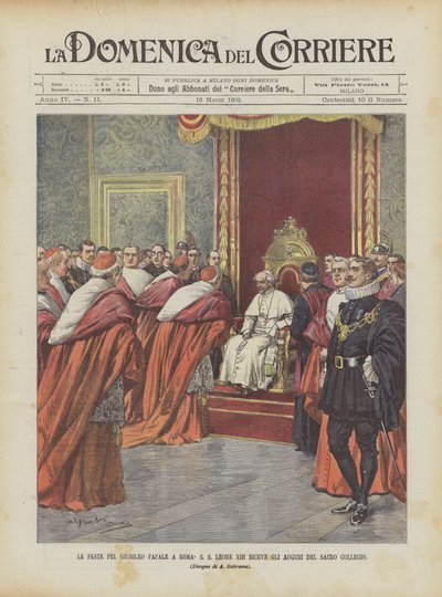 الأعياد لليوبيل البابوي في روما SS Leone XIII يتلقى أفضل التمنيات من الكلية المقدسة بواسطة Achille Beltrame