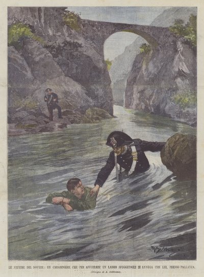 ضحايا الواجب ، كارابينير يغرق معه في Pallanza للاستيلاء على لص هرب بواسطة Achille Beltrame