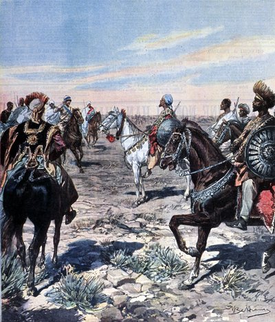 الكابتن Mozzetti في معسكر رأس ماكونين (Mekonnen Welde Mikael) (Abba Qagnew) (1852-1906) في إثيوبيا. رسم توضيحي لـ Beltrame. لا دومينيكا ديل كورييري. 1899. بواسطة أخيل بيلترام