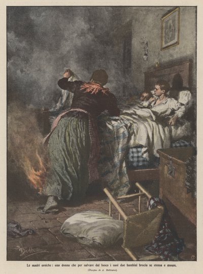 الأمهات البطل ، امرأة تحرق نفسها وتموت لإنقاذ طفليها من النار بواسطة Achille Beltrame