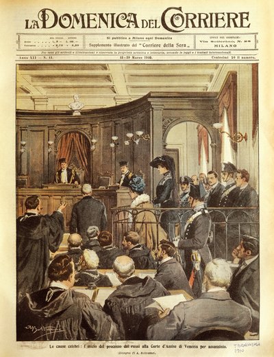 Maria Tarnowska on trial in Venice, by Achille Beltrame, illustration, Illustrator Achille Beltrame (1871-1945), from La Domenica del Corrier بواسطة أخيل بيلترام