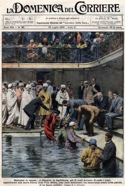 التعميد الجماعي: في غلاسكو ، اسكتلندا ، تم تعميد أكثر من مائة شخص ، أعضاء في كنيسة الكتاب المقدس الجديدة ، في بركة البلدية. رسم توضيحي لـ Beltrame. لا دومينيكا ديل كوريير. 22/7/1928. بواسطة أخيل بيلترام