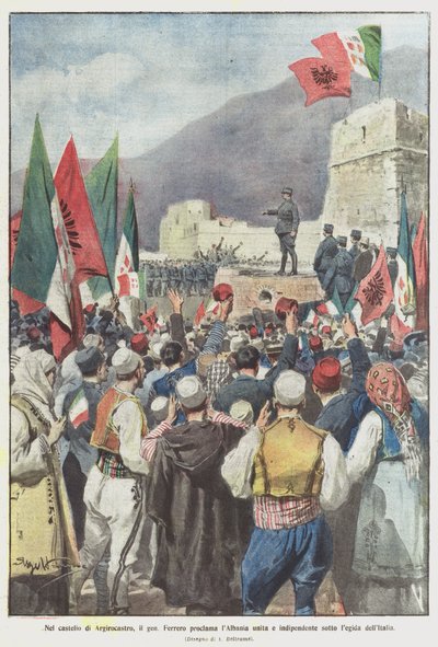 في قلعة غيروكاستر ، أعلن الجنرال فيريرو ألبانيا الموحدة والمستقلة تحت حكم إيطاليا بواسطة أخيل بيلترام