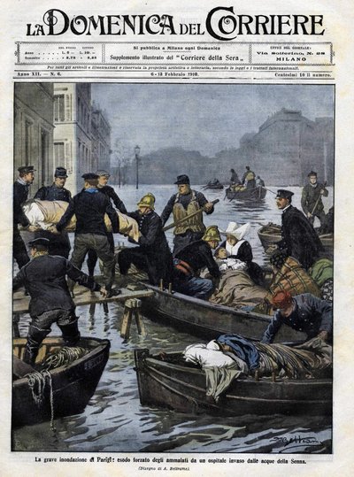 إنقاذ المرضى في باريس خلال فيضانات فبراير 1910. غلاف "" domenica del corriere "". رسم إيضاحي 13 فبراير 1910 بواسطة أخيل بيلترام بواسطة أخيل بيلترام