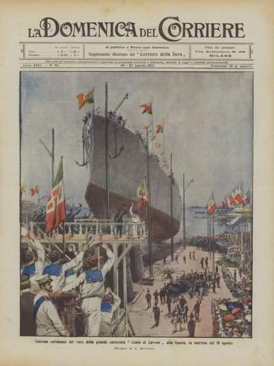 حفل رسمي لإطلاق البارجة العظيمة Conte di Cavour في لا سبيتسيا صباح 10 أغسطس بواسطة Achille Beltrame