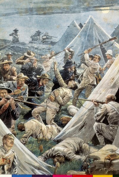 جنوب أفريقيا. حرب البوير الثانية. هجوم على معسكر تويفونتين الإنجليزي (1902). رسم توضيحي لأخيل بلترام. نقش. بواسطة أخيل بيلترام